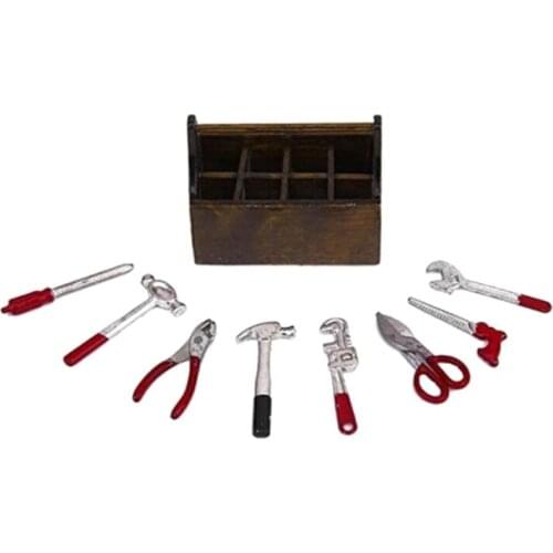 Miniature Wooden Box With Metal Tool Set Collection For Dollhouse Decoration M68E