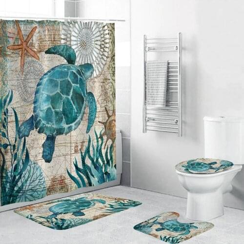 Bathroom Set with Shower Curtain Sea Turtle Shower Curtain with Non slip Rugs,Toilet Lid Cover and Bath Mat шторка для ванной