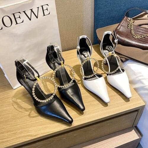 2021 New Women Sandals Pointed Toe Rhinestone Ring Design Thin High Heels Party Shoes Dress Female Sandals Black/White Slides