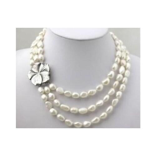Charming! 3 Rows White Freshwater Pearl Necklace 7-8mm 17-19