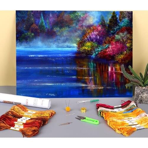 Natural Scenery Out Of The Blue Printed Water-Soluble Canvas 11CT Cross-Stitch Full Kit Embroidery DMC Threads Decor