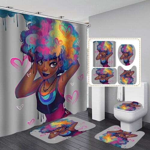 Colorful Bathroom Sets with Shower Curtain African American Girl Bath Curtains Non-Slip Rug Set Toilet Cover Mat Home Decor