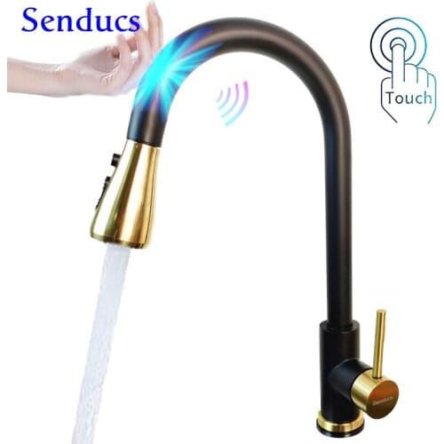 Touch Faucets Senducs Black Gold Pull Out Kitchen Sink Faucet Smart Sensor Kitchen Mixer Tap Hot Cold Pull Down Touch Faucets