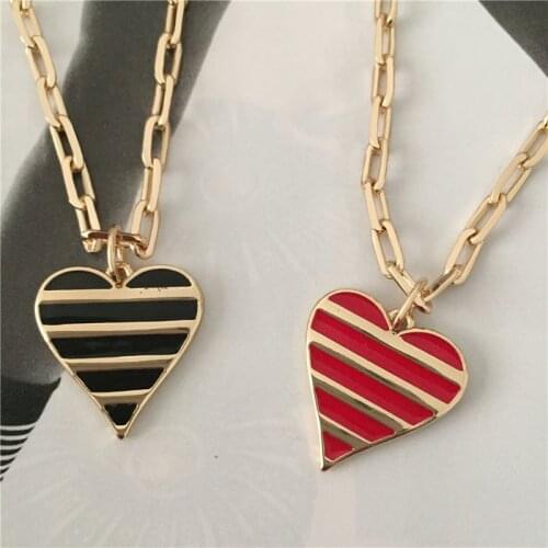 Trendy Gold Color Plating Black Red Enamel Stripe Heart Pendant Necklace For Women Girl Elegant Gorgeous Jewelry Accessory