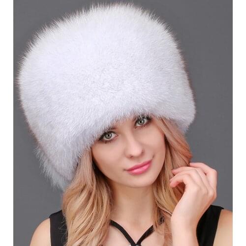 Women Winter Bomber Hats Warm Winter Hat Natural Fox Fur With Tail Hat Thick Snow Cap Outdoor Ski Cap
