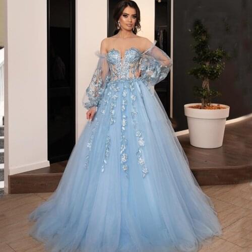 Long Puffy Sleeves Appliques Prom Dresses Off Shoulde Ball Gown Embroidery Formal Evening Party Dress Robe De Soiree