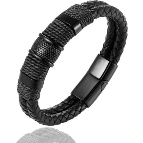 Stainless Steel Men Jewelry Black/Brown Braided Genuine Leather Bracelet Magnetic Clasp Birthday Gifts Fashion Bangles Wholesale