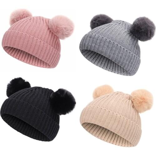 Baby Stuff Double Pompom Hat Winter Knitted Kids Baby Girl Hat Warm Thicker Children Infant Beanie Cap Bonnet Casquette Enfant