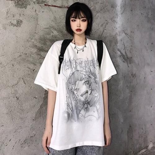 Women T-shirt Oversize Cartoon Anime Aesthetic Print Casual Graphic Y2k Tops Tees Short Sleeved Harajuku Kawaii Vintage Clothing