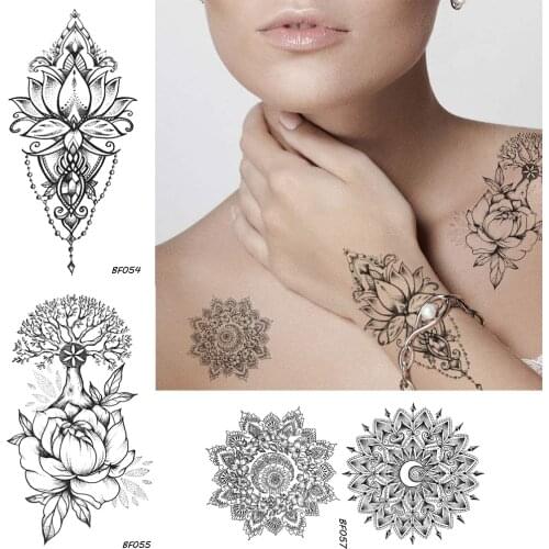 Women Sexy Henna Flower Temporary Tattoo Stickers Black Waterproof Fake Jewelry Tatoos Buddhist Lotus Tree Body Art Tattoo Lace