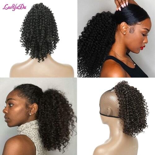 Short Afro Puff Chignon Hair Synthetic Ponytail Hair Extensions Afro Short Drawstring Kinky Curly Ponytail Hairpiece LUOYUDU