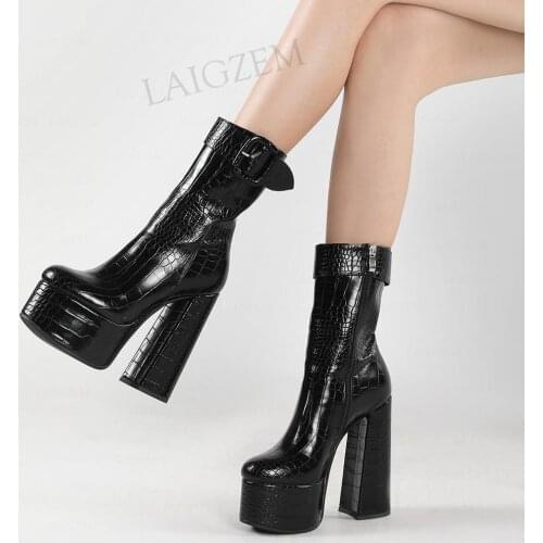 LAIGZEM Women Ankle Platform Boots Side Zip Thick Block High Heels Boots Height Increasing Black Brown Shoes Woman Size 38 39 42