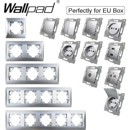 Silver Grey DIY EU Plastic Panel Wallpad 1 2 Gang Reset Cross Curtain Dimmer Fan Switch TV DATA Satellite EU Cap Round Socket