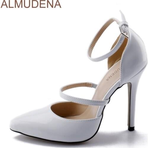 ALMUDENA New Arrival White Patent Leather Pumps Pointed Toe Stiletto Heels Buckle Strap Dress Shoes Covered Heel Women Shoes