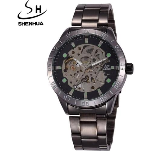 New Black Mens Skeleton WristWatch SHENHUA Antique Steampunk Casual Automatic Skeleton Mechanical Watches Male Clock Hour