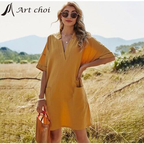 Women Summer Cotton A-line Dress Casual Solid Shirt V-Neck Pocket Short Sleeve Ladies Korean Loose Cosy Party Midi Vestido