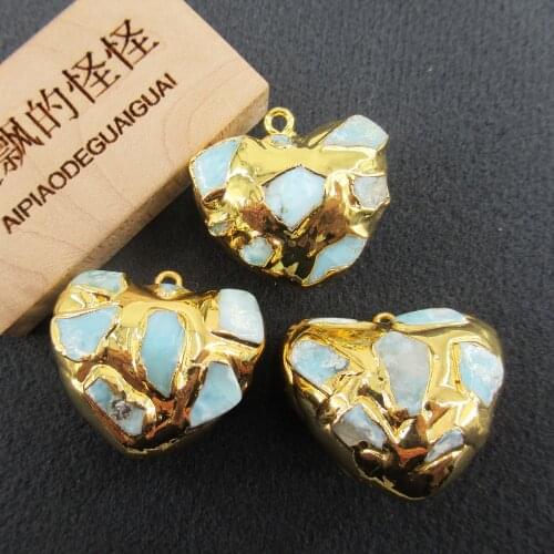APDGG 1PC Fashion Natural Blue Larimar Heart Shaped Pendant with 24K Metal Plated Pendants charm 28x28mm
