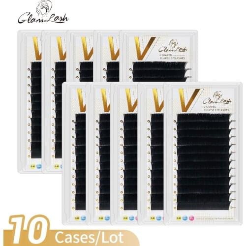 GLAMLASH 10Cases V Shape Auto-Fans 2D Eyelash Extension Soft Ellipse Flat Split Tips Premade Volume Individual False Lashes