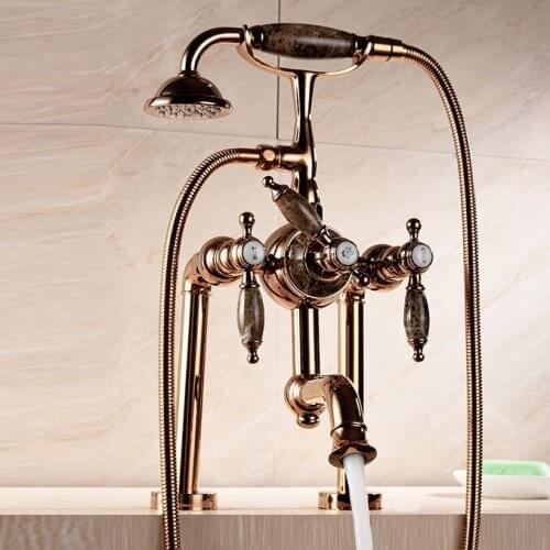 Luxury Rose Gold solid Brass Marble stone Bathroom Bath Hand Held Shower Head Kit Deck-mounted Bathtub Shower Faucet Sets-MD437