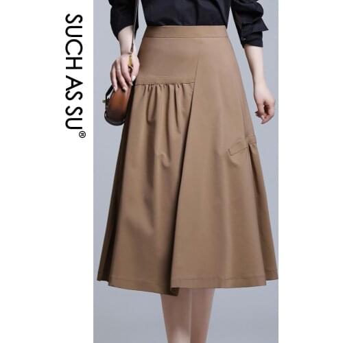 SUCH AS SU 2021 Women Black Brown Elastic High Waist Skirts Spring Summer S-3XL Size Female Mid-Long Nylon Cotton Skirt 21102