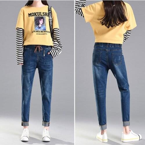 Spring Elastic Waist Womens Jeans High Waist Harem Pants Female Cuffs Drawstring Ankle Length Pants Mujer CuSaul Denim DarkBlue