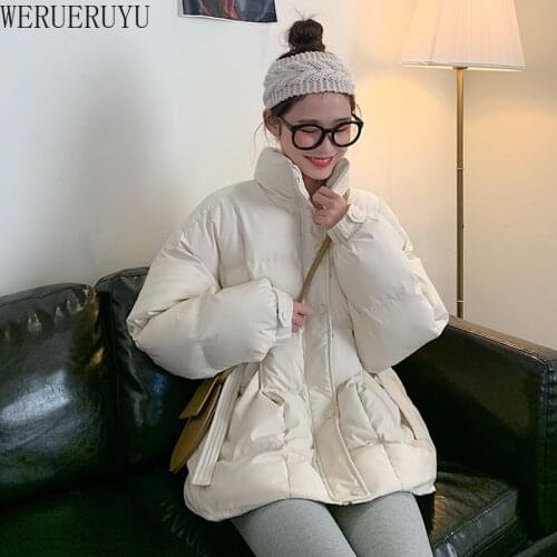 WERUERUYU Womens winter padded clothes bread clothes Korean Solid color long sleeve thickened Harajuku loose padded coat