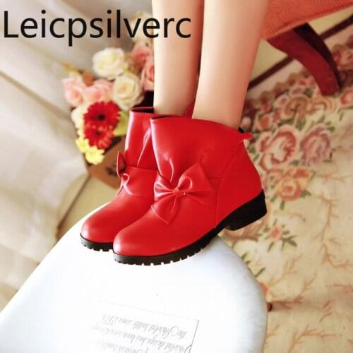 Autumn And Winter The New fashion Round head butterfly Knot Thick heel Low-heeled Short tube Womens Boots plus size 30-48