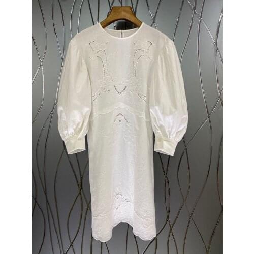 100%Cotton Womens Dress 2021 Summer Clothing Ladies O-Neck Hollow Out Embroidery 3/4 Sleeve Casual White Green Dress Vintage