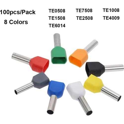 100PCS TE0508 TE7508 TE1008 TE1508 TE2508 TE6014 Dual Pipe Cold Pressed End Double Line Tube Shaped Insulated Tubular Terminal