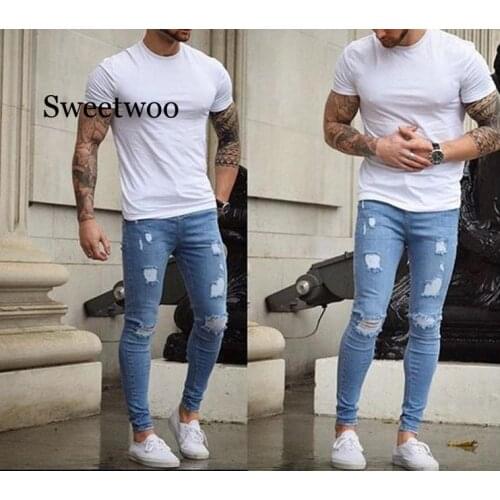 2020 Newest Arrivals Fashion Hot Mens Long Straight Leg Slim Fit Casual Hole Strech Denim Pants Skinny Jeans