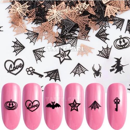 400PCS/Pack Halloween Pumpkin Face Witch Spider Web Bat Star Metallic Nail Sequins Brone Back Nail Art Slice Decoration Manicure