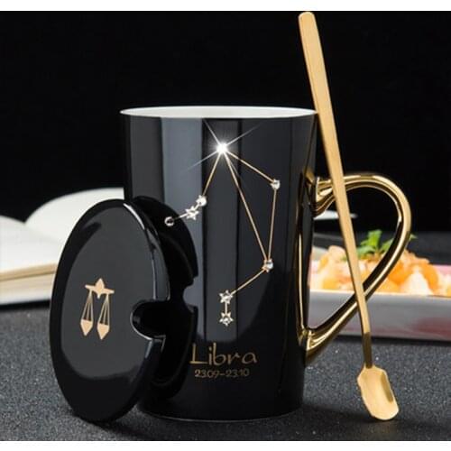 420ml Ceramic Coffee Mugs 12 Constellation Theme Star Drill Mug Gift Box With Lid And Spoon Zodiac Milk Cup Water Drinkware