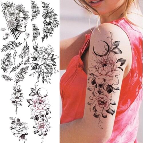Large Peony Flower Moon Temporary Tattoos For Women Girl Realistic Leaf Flora 3D Custom Fake Tattoo Sticker Arm Tatoo Thighs