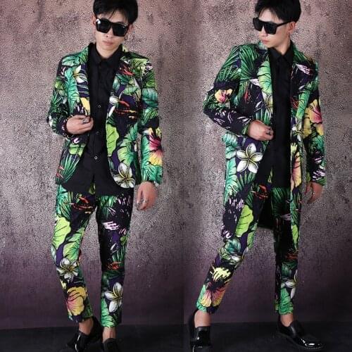 Brand 2020 Tide Men green Floral Print Fashion Casual Suits Latest Coat Pant Designs Wedding Groom Stage Costume