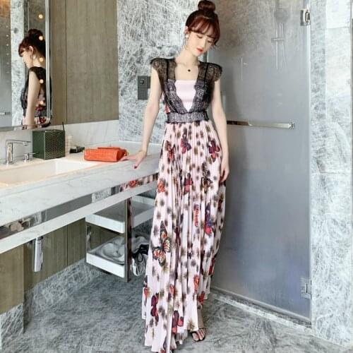 French Black Lace Patchwork Print Floral Butterfly Dress Woman Sleeveless Pink Pleated Dress Ladies Casual Maxi Dress Summer