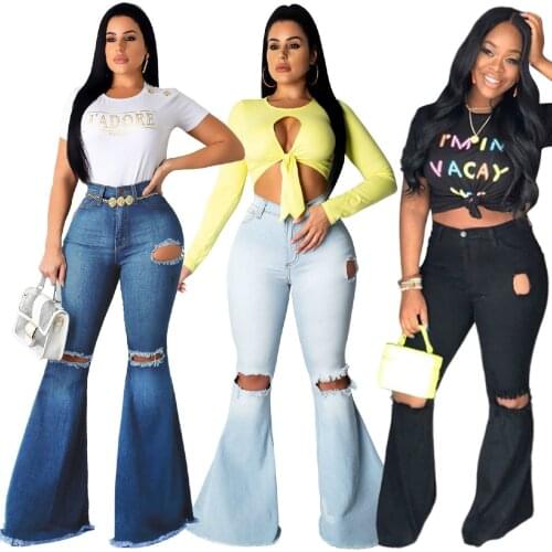 HAOOHU Hole Hollow Out Denim Pants Women Retro Hole Jeans Ripped Flare Bell Bottom Trousers Street Skinny High Waist Lady Pants