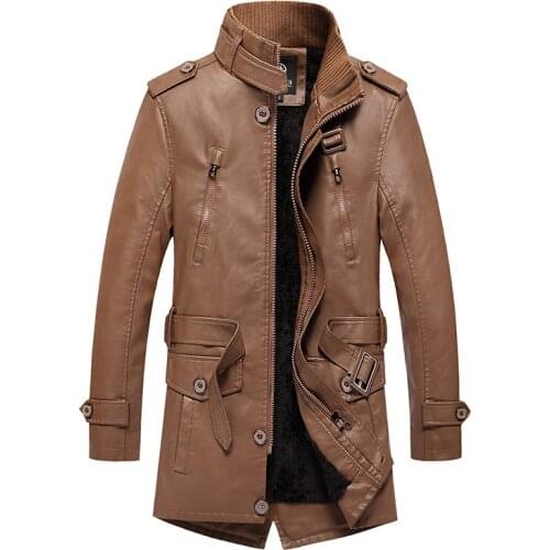 Mens Jacket Autumn and winter mens leather jackets plus velvet thick mid-length fur collar leather jacket mens jacket tide