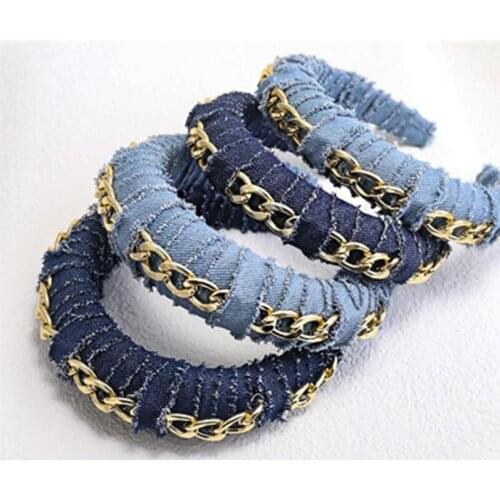 New Coming Denim Padded Hairband with Metal Chain Decorated Women Hair Accessories Solid Twined Wide Head Band Ladies Hair Hoop