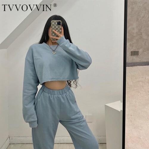 TVVOVVIN solid round neck Pullover loose and thin navel exposed short hairline long sleeve Simple sweatshirt DGXK