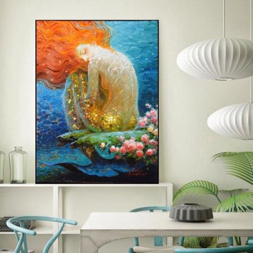 Nordic Abstract Sexy Mermaid Oil Painting Poster and Prints Wall Art Orange Hair Girl Canvas Painting Living Room Home Decor