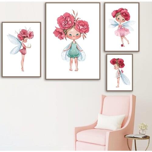 Cartoon Flower Baby Girl Wing Flower Fairy Nordic Posters And Prints Wall Art Canvas Painting Wall Pictures For Kids Room Decor