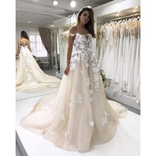 E JUE SHUNG Boho Wedding Dresses 3D Floral Applique Button Back Champagne A-Line Bride Dress Ball Gowns Robe De Mariée