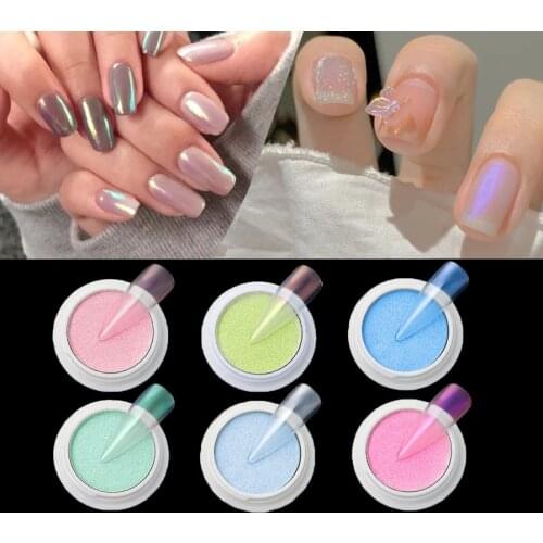 Solid Aurora Nail Powder Mermaid Chrome Mirror Pigment Nail Art Decorations Pearl Rubbing Dust Brush Set Pink Glitters