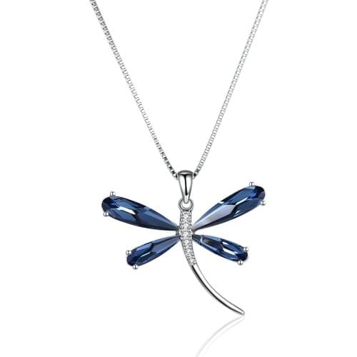 ZEMIOR 925 Sterling Silver Cute Dragonfly Pendant Necklace Blue Austria Crystal Necklaces For Women Elegant Party Jewelry
