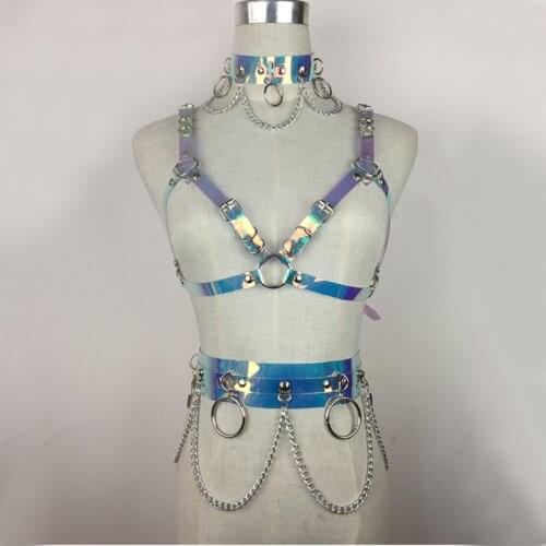 New Women Rainbow PVC harness for bust Metal Chain wide waist belt chain wide chocker with big O-Ring New Night Club decoration