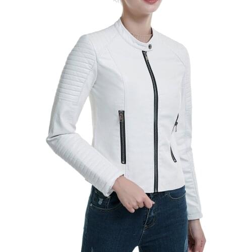 Long sleeves womens jackets 2021 black pink white leather clothing slim motorcycle leather jacket women outerwear coats winter