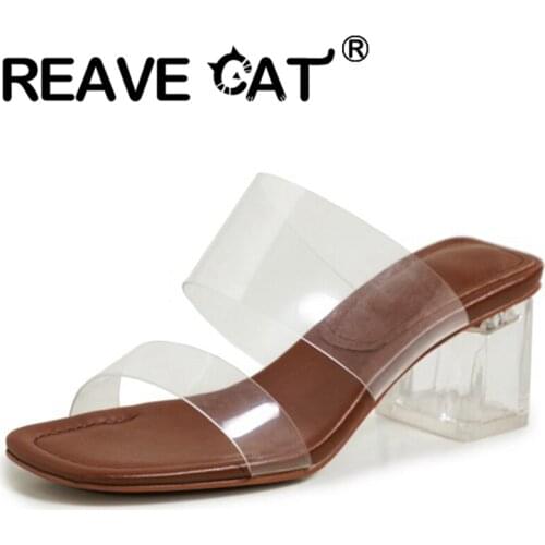 REAVE CAT 2021 Novelty Clear Sandals Solid Open Toe Slip On 7cm Transparent Chunky Heel Shoes Big Size 33-40 Beige Brown A4267