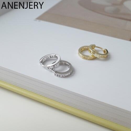 ANENJERY 925 Sterling Silver Roman Numeral Circle Geometric Hoop Earrings For Women Retro Gold Silver Ear Accessories S-E1442