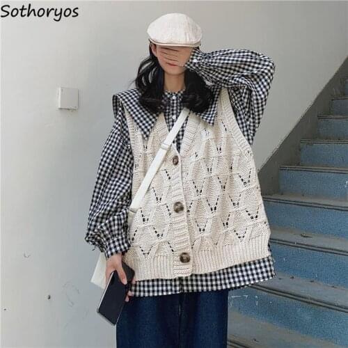 Sweet Simple Sweater Vests Women Tender Elegant Single Breasted V-neck Hollow Out Sleeveless Jumpers Female All-match Knitwear