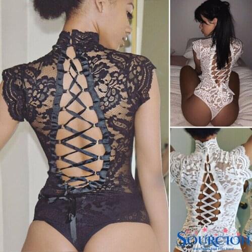 ScourionA Women Erotic Sex Turtleneck See-Through Lace Sleeveless Bow Bandage Skinny Bodysuit Elegnat Sexy Lingerie for Porno